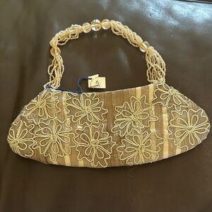 Small Vintage Elegant Floral Embroidered silk Tan Handbag by April Cornell